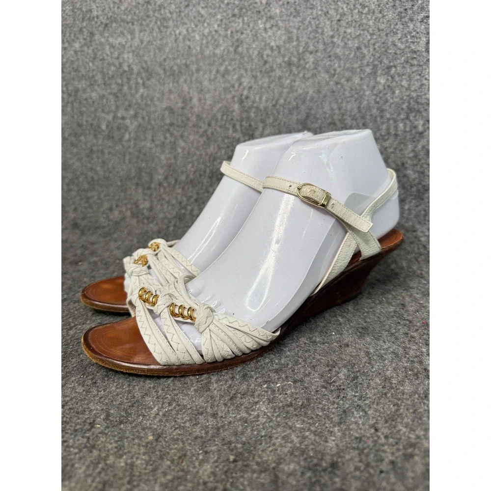 Sesto Meucci White Leather Braided Gold Chain Wedge Ankle Strap Wood Heel 8.5 AA